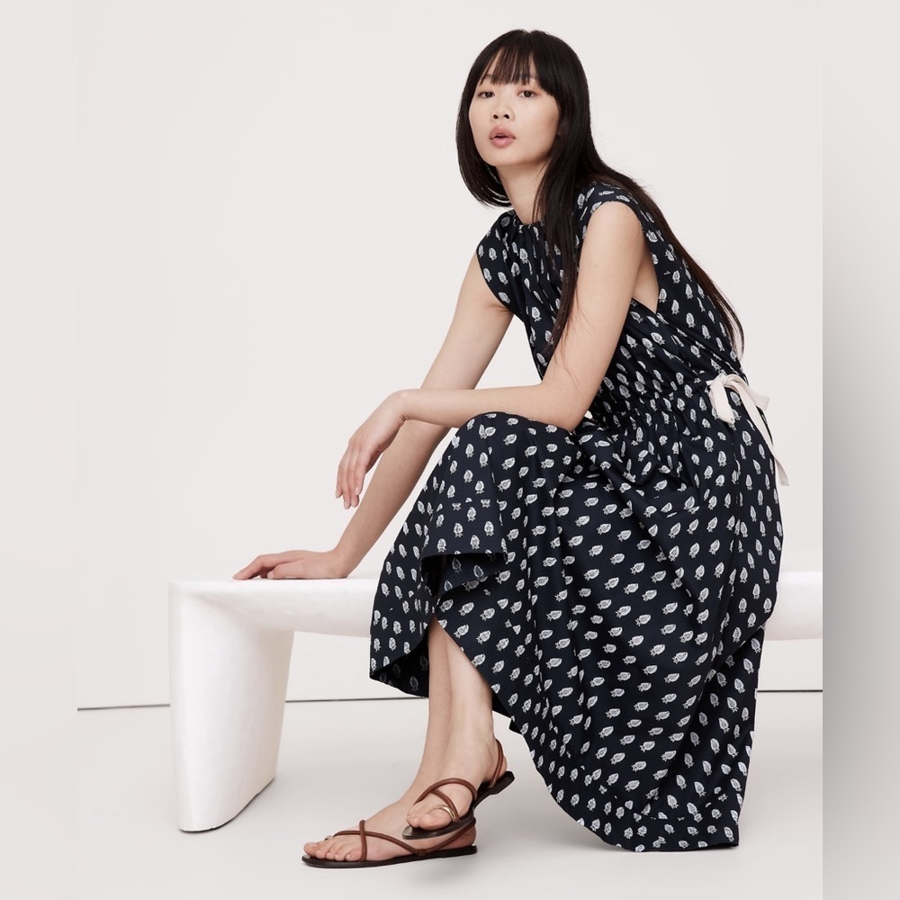 NWT! Banana Republic Navy Blue Paisley Cotton Poplin Tie-Waist Midi Dress 🥥